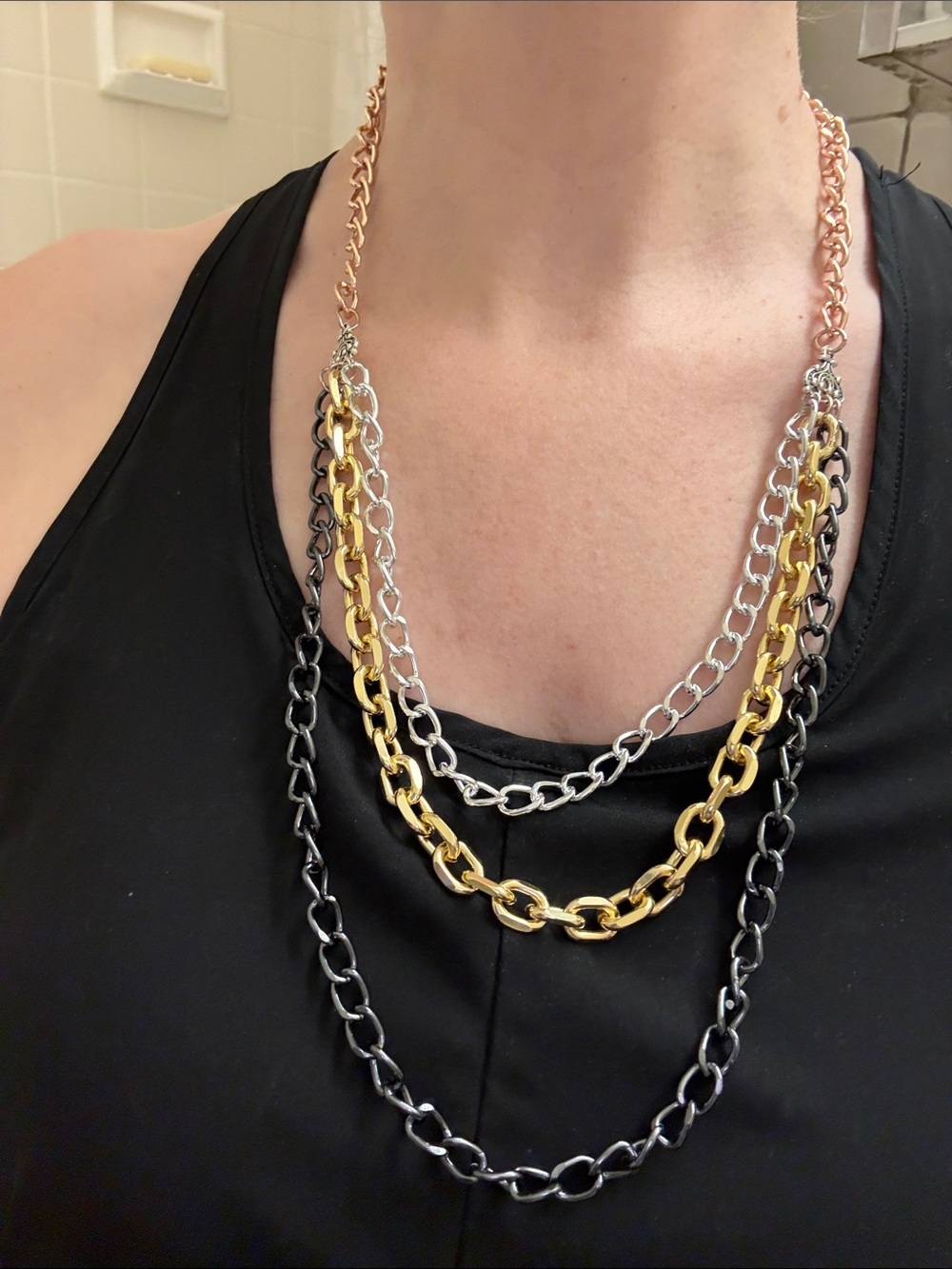 Hand-Crafted Layered Multi-Chain Necklace in Gold, Silver and Black